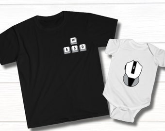 Bijpassend pc-gamershirt vader en zoon, T-shirts computertoetsenbord en muis, outfit vader en baby, gamecadeau voor hem