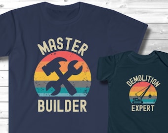 Papa und Baby passende Shirts, "Master Builder and Demolition Expert" Jersey Bodysuit, Vater und Sohn TShirt Set, Bau Witz