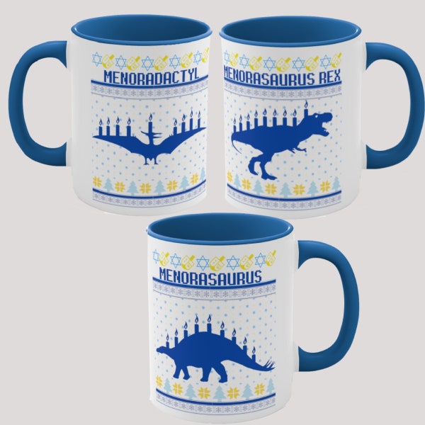 Mug drôle de Hanoucca, tasses familiales de Hanoucca, tasse dinosaure de Hanoucca, cadeaux juifs rigolos, tasse à café de 11 oz accent bleu