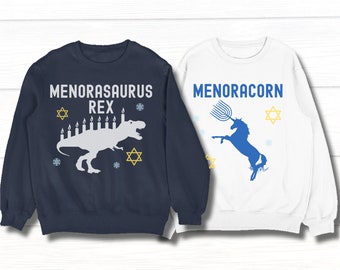 Funny Hanukkah Dinosaur Unicorn Sweatshirt, Hanukkah Kids Sweater, Menorasuarus Rex Womens Chanukah Jumper, Couples Hanukkah Crewneck