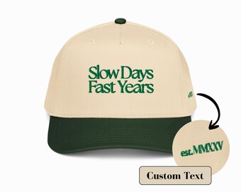 Custom Dad Hat, Personalized Gift for New Father, "Slow Days Fast Years" Baseball Cap, Embroidered Canvas Two-Tone Hat