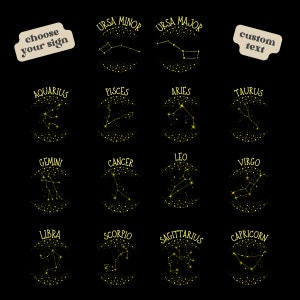 May include: A black background with 14 gold circles, each containing a constellation with its name written above it. The constellations are: Ursa Minor, Ursa Major, Aquarius, Pisces, Aries, Taurus, Gemini, Cancer, Leo, Virgo, Libra, Scorpio, Sagittarius, and Capricorn. The text "choose your sign" is in a white rectangle at the top left of the image. The text "custom text" is in a white rectangle at the top right of the image.