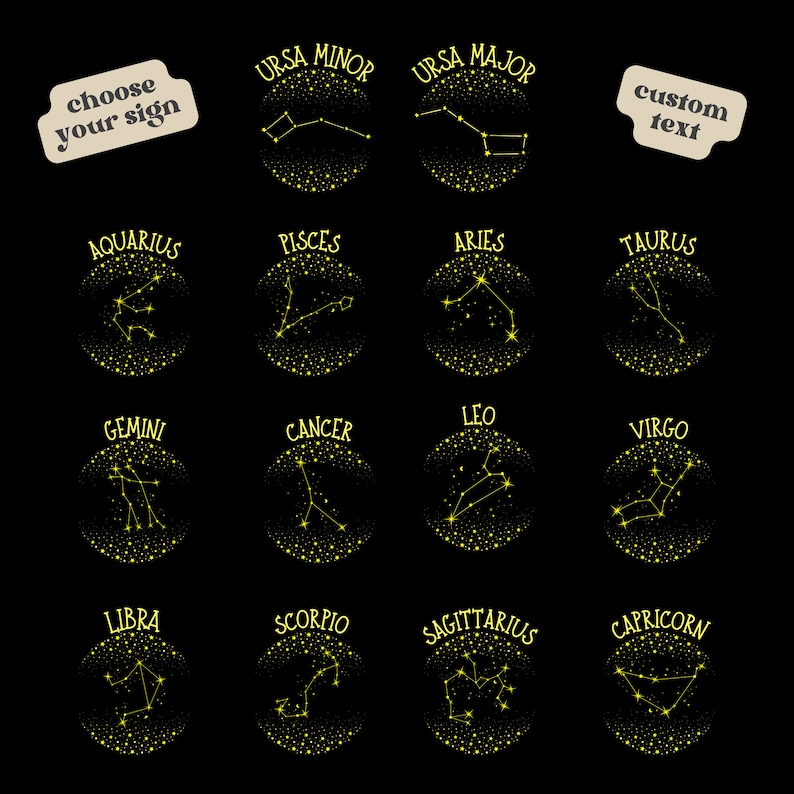 May include: A black background with 14 gold circles, each containing a constellation with its name written above it. The constellations are: Ursa Minor, Ursa Major, Aquarius, Pisces, Aries, Taurus, Gemini, Cancer, Leo, Virgo, Libra, Scorpio, Sagittarius, and Capricorn. The text "choose your sign" is in a white rectangle at the top left of the image. The text "custom text" is in a white rectangle at the top right of the image.
