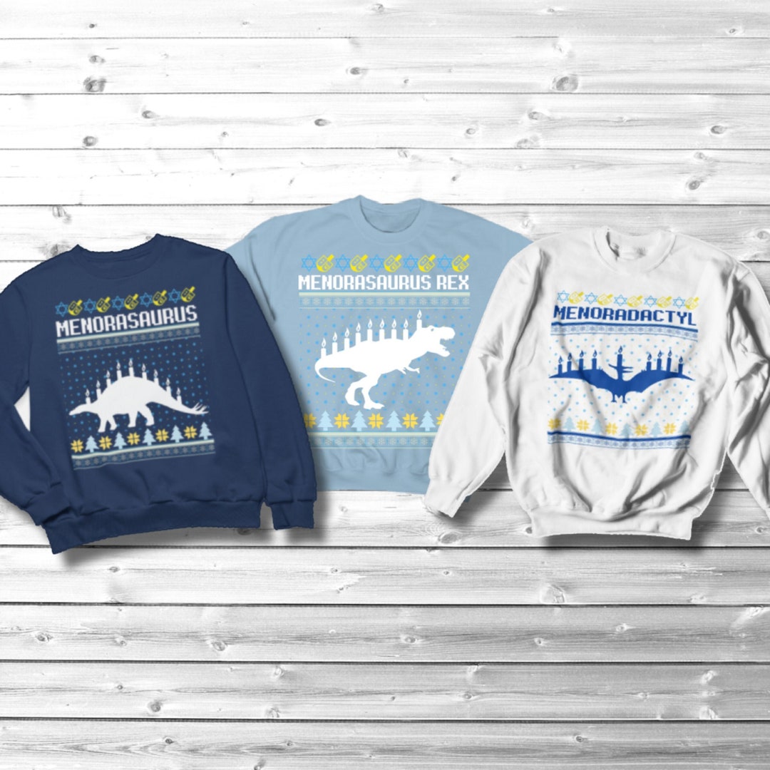 Kids Hanukkah Sweater, menorasaurus Dinosaur Sweatshirt, Ugly Chanukah