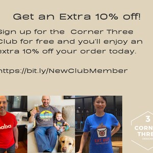 May include: Three people wearing t-shirts with the Corner Three Designs logo. The text on the shirts reads "Eat Out To Help Out" and "Pint". The logo is a hexagon with the number 3 and the words "Corner Three Designs".
