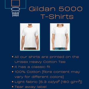 Puede incluir: Dos camisetas blancas Gildan 5000, una en un maniqu&iacute; masculino y otra en un maniqu&iacute; femenino. Las camisetas est&aacute;n impresas en una camiseta de algod&oacute;n pesado unisex con un ajuste cl&aacute;sico. La tela es 100% algod&oacute;n y pesa 180 gramos por metro cuadrado. Las camisetas tienen una etiqueta desprendible y calzan a la talla.