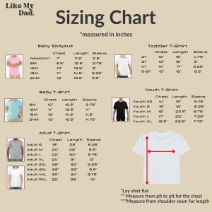 May include: Sizing chart for baby, toddler, youth, and adult t-shirts and bodysuits. The chart shows chest, length, and sleeve measurements in inches.