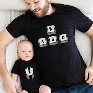 Player 1 Player 2 Father Son Matching Outfit, PC Video Game Shirt, Computer Keyboard WASD Mouse TShirts, Dad and Baby Matching Gaming TShirt