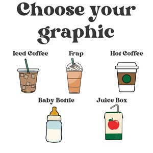May include: Choose your graphic. Six different beverage and food illustrations: iced coffee, frap, hot coffee, baby bottle, juice box.