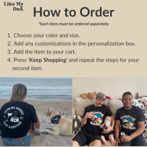 May include: Two images showing how to order personalized drinking buddies shirts and matching dog bandanas. The first image shows a woman wearing a black shirt with the text "Drinking Buddies" and the names "Jesse & Grayson" on the front. She is standing on a beach with a dog wearing a matching bandana. The second image shows two men wearing black shirts with the text "Drinking Buddies" on the front. One man is holding a baby wearing a white shirt with the text "Drinking Buddies" on the front. The men are sitting on a couch.