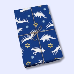 Carta da regalo per bambini Hanukkah, carta da regalo divertente per Chanukkah con dinosauro, fogli per regali Menorah Rex, carta da regalo ebraica Dino Menorah