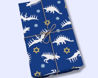 Papel de regalo para niños de Hanukkah, divertido papel de regalo de dinosaurio para Hanukkah, hojas para envolver regalos de Menorah Rex, papel de regalo de Menorah de dinosaurio judío