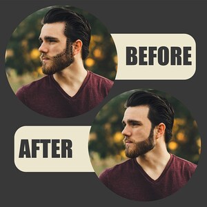 May include: Before and after photos of a man with a beard. The before photo shows the man with a longer beard, and the after photo shows the man with a shorter, more defined beard.