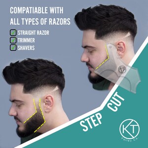 May include: A clear plastic beard shaping tool with a yellow line design. The tool is being used to shape a man's beard. The image also shows a man with a beard and a shaved head. The text on the image reads "STEP CUT" and "(KT) Valley Co."