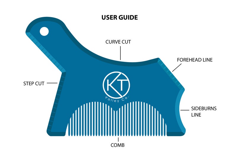 May include: A blue plastic hair cutting guide with a comb, step cut, curve cut, forehead line, and sideburns line. The guide has the text "(KT) Valley Co." printed on it.