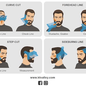 May include: Diagram showing different beard trimming techniques with illustrations of a man's face and a blue plastic tool. The techniques include curve cut, forehead line, step cut, and sideburns line.