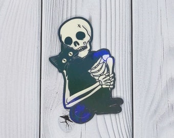Skeleton and Cat Holographic Vinyl Sticker, Gothic Cat Lover Stickers, Spooky Laptop Stickers, Halloween Theme Cute Cat Waterbottle Decals