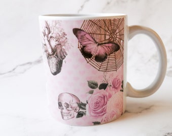 Pink Gothic Mug, Cute and Spooky Design, Alternative Gifts for Her, Easter Gifts for Girlfriends, Skulls and Spiders, Anatomical Heart
