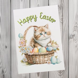 Joyeuses Pâques carte chat, jolies cartes pour les amoureux des chats, cartes de Pâques kawaii pour lui et elle, cartes de voeux pour propriétaires de chats, jolies cartes pastel