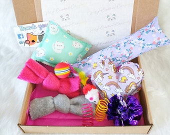 Cat Toy Gift Box With Handmade Catnip Kicker, Pillow and Heart, Gifts for Cat Lovers, Gotcha Day Gifts for New Pet Owners