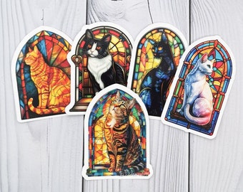 Stained Glass Cats Sticker Set, Cute Brightly Coloured Cat Stickers for Waterbottles and Laptops, Gift Ideas for Cat Lovers
