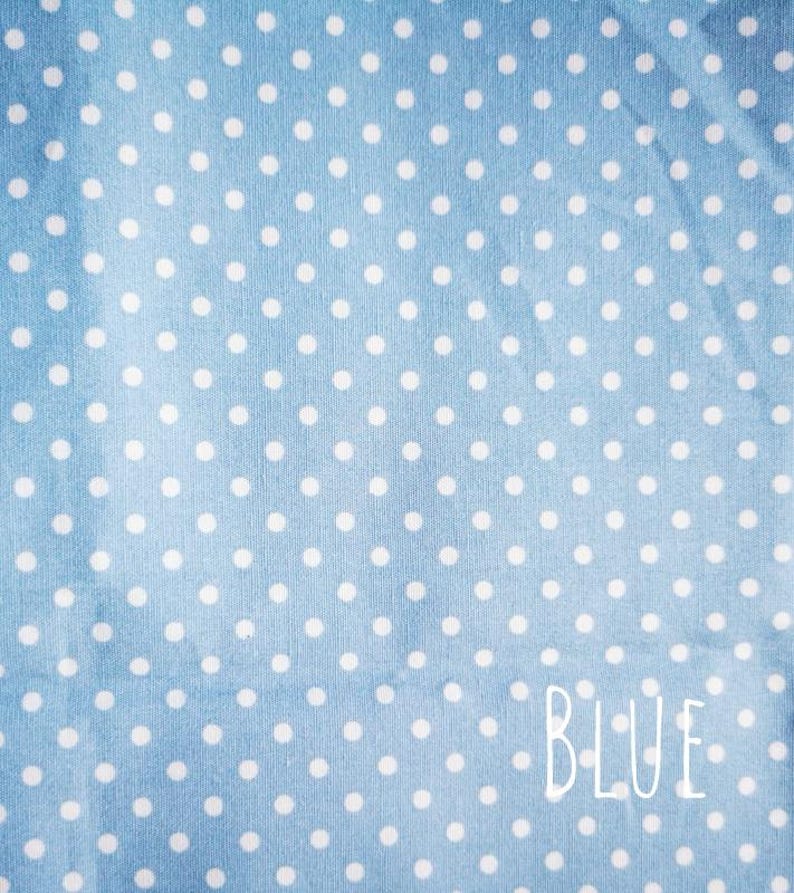 A blue fabric with white polka dots. The word 'BLUE' is written in white text at the bottom of the image.