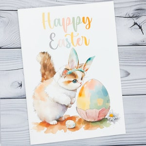 Joyeuses Pâques carte chat, jolies cartes pour les amoureux des chats, cartes de Pâques kawaii pour lui et elle, cartes de voeux pour propriétaires de chats, jolies cartes pastel