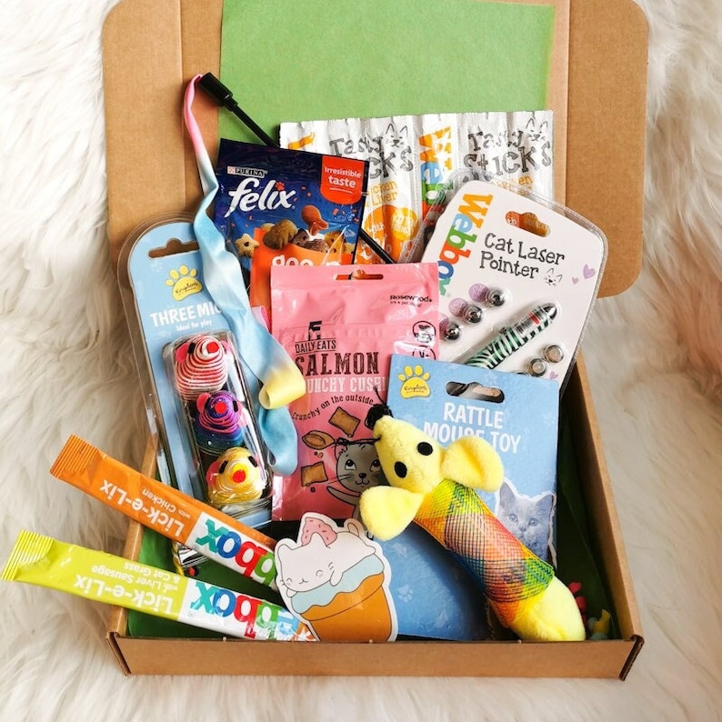 May include: A cardboard box filled with cat toys and treats. The box includes a cat laser pointer, a rattle mouse toy, a salmon-flavored cat treat, a catnip toy, and a variety of catnip-filled toys.