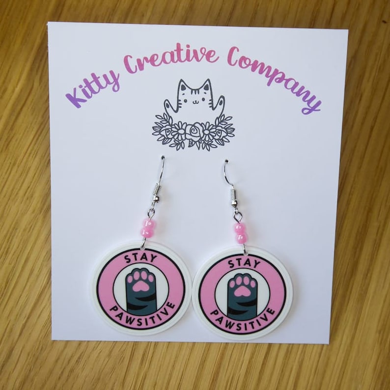 Drop Earrings for Pierced Ears Gifts for Cat Owners Stay Pawsitive Statement Jewellery Cat Lover Accessories Cat Earrings
