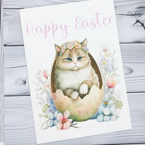 Joyeuses Pâques carte chat, jolies cartes pour les amoureux des chats, cartes de Pâques kawaii pour lui et elle, cartes de voeux pour propriétaires de chats, jolies cartes pastel