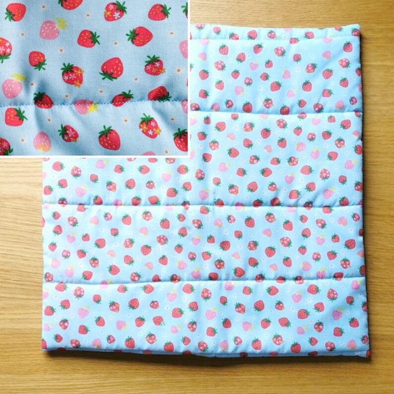A blue quilted catnip mat with a repeating pattern of small red strawberries and pink flowers.