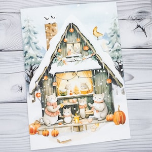 Carte de Noël hiver chalet chats, carte de Noël originale et amusante pour propriétaires de chats, cartes de voeux pour amoureux des chats, petits cadeaux de Noël