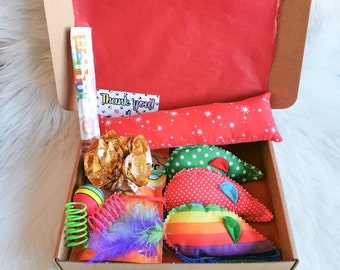 Cat Toy and Treat Gift Box, Cat and Kitten Gift Box, Cat Goodie Box, Handmade Catnip Mice, Gifts for Cat Lovers, Crazy Cat Lady Presents