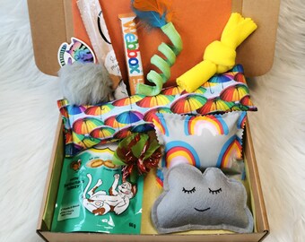 Rainbow Theme Cat Toy and Treat Box, Kawaii Themed Cat Presents, Gifts for Cat Lovers, New Cat Gifts, Crazy Cat Lady Presents, Gotcha Day