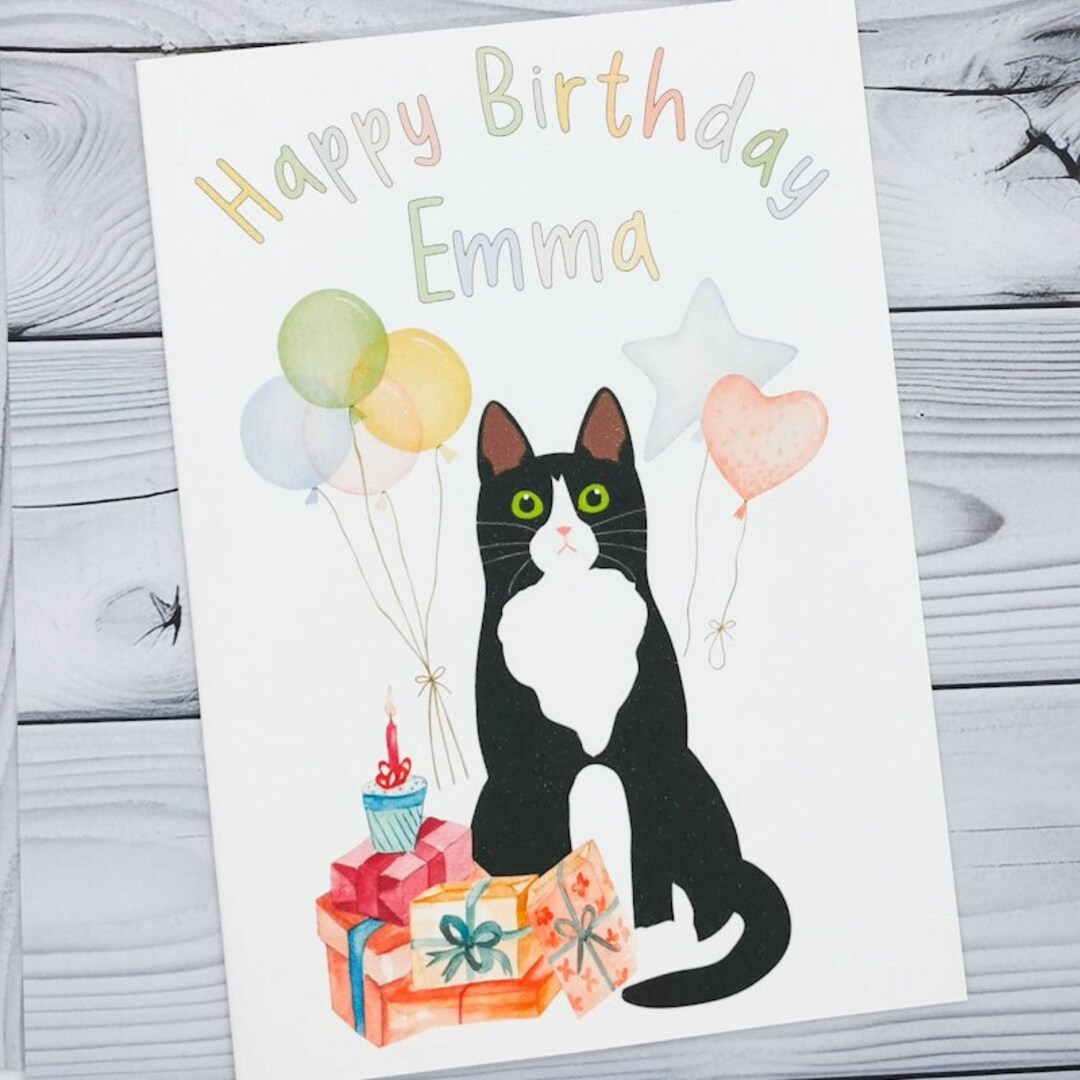 Happy Birthday Cat Birthday Card, Personalised Tuxedo Cat Birthday Card ...