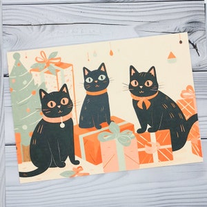 Black Cats at Christmas Card, Merry Christmas Card for Cat Owners, Greeting Cards for Cat Lovers, Small Christmas Stocking Filler Gifts
