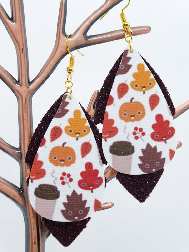 Lightweight Teardrop Shape Autumn Accessories Faux Leather Earrings Statement Jewellery Latte and Leaves Print with Burgundy Glitter