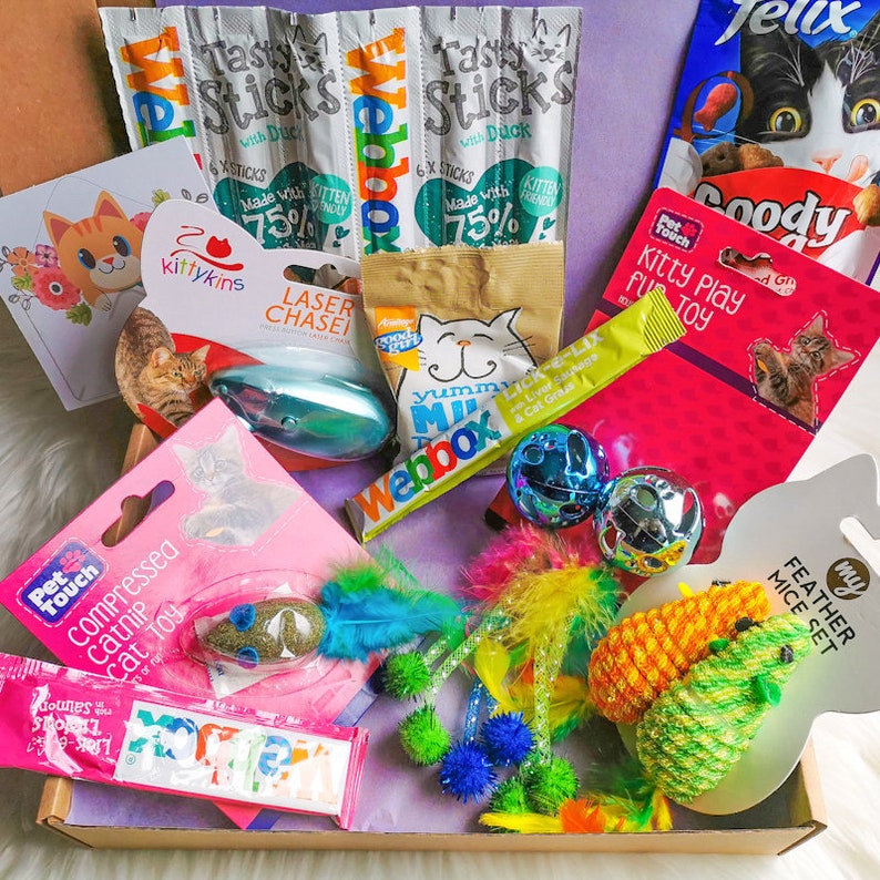 May include: A cardboard box filled with cat toys and treats. The box contains a variety of items, including a laser pointer, catnip toys, a feather wand, a stuffed mouse, and cat food. The box is decorated with a pink and purple theme.