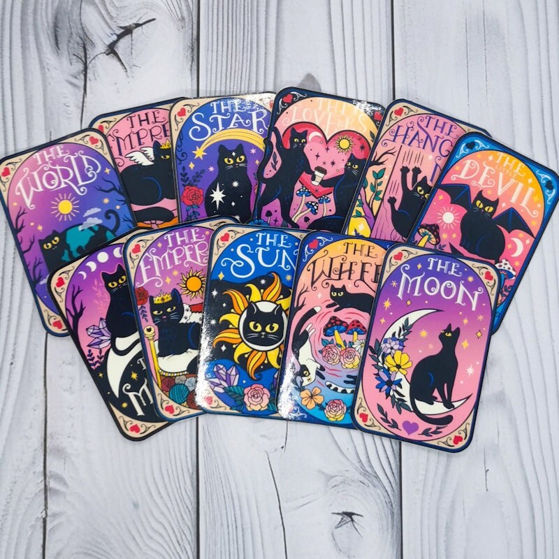 Set of 11 Cat Themed Tarot Card Stickers, Cute Witchy Cat Stickers, Mystical Cat Tarot Card Stickers, Black Cat Stickers, Journal Stickers