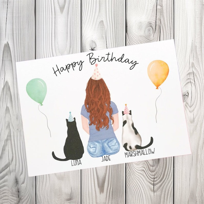 Carte de joyeux anniversaire chat, cartes d'anniversaire pour propriétaires de chats, cartes d'anniversaire chat personnalisées, jolies cartes chat de célébration, dame folle aux chats image 1