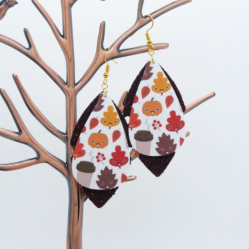 Lightweight Teardrop Shape Autumn Accessories Faux Leather Earrings Statement Jewellery Latte and Leaves Print with Burgundy Glitter