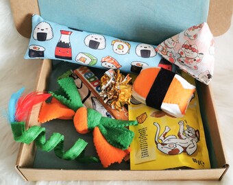 Sushi Theme Cat Toy and Treat Box, Kawaii Cat Presents, Lucky Cat Gifts for Cat Lovers, New Cat Gifts, Crazy Cat Lady Presents, Gotcha Day