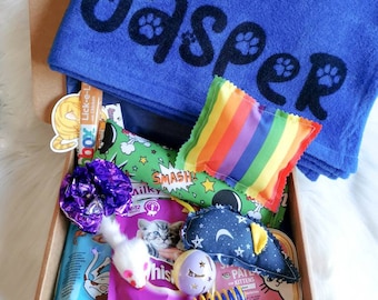 Kitten Toy and Treat Gift Box With Personalised Blanket, Kitten and Cat Hamper, Kitten Goodie Box With Handmade Catnip Toys, New Pet Gifts