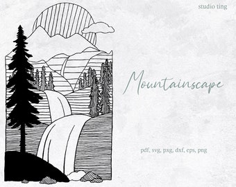 Hand Drawn Mountain Landscape Clipart, Mountain Nature Svg, Travel Svg, Svg For Cricut, Eps, Png, Pxg, Dxf, Pdf