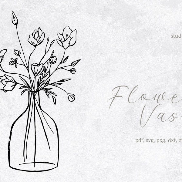 Hand Sketched Floral Vase Clipart, Flower Bouquet Vector, Black and White Illustration Svg, Calming Spring Decor, Pdf, Png, Eps, Dxf, Fxg