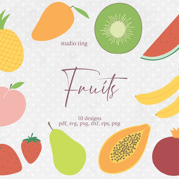 Hand Drawn Fruits Clipart Svg, Strawberry, Kiwi, Mango, Pineapple, Papaya, Banana, Peach, Watermelon, Pomegranate, Pear