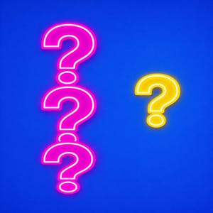 May include: Three pink neon question marks stacked vertically, with a single yellow question mark to the right, all against a vibrant blue background. The neon signs have a bright glow, creating a striking visual contrast.
