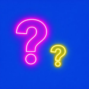 May include: Two neon question marks on a blue background. One is large and pink, the other is smaller and yellow. The neon lights give the image a vibrant and modern look.