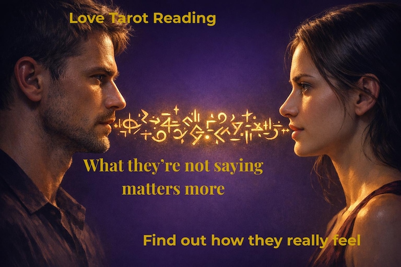 Op de afbeelding: Afbeelding van een man en een vrouw die tegenover elkaar staan, met gloeiende symbolen ertussen. De tekst luidt: "Love Tarot Reading", "What they're not saying matters more" en "Find out how they really feel."