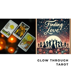 Op de afbeelding: Afbeelding met drie tarotkaarten met Duitse tekst en een poster met de woorden "Finding Love". De tarotkaarten liggen op een donkere ondergrond met vage oranje lichten. De poster toont silhouetten van mensen die elkaars hand vasthouden onder een zon.